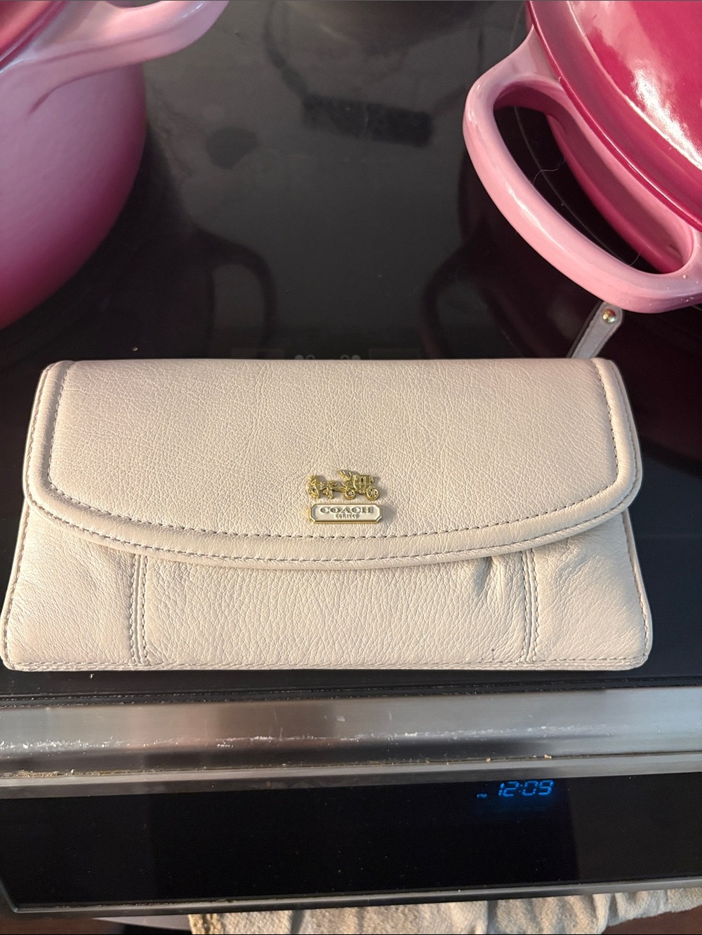 Coach Pebbled Leather Fold-Over Wallet in Light Cream with Gold Hardware